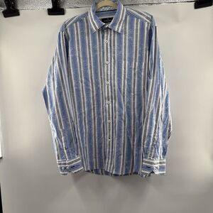 Bugatchi Uomo Mens Blue Striped Long Sleeve Button Down Dress Shirt Size L‎